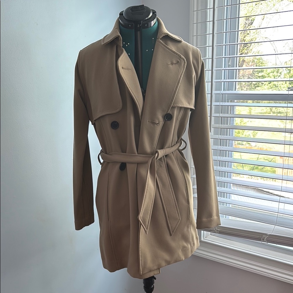 Abercrombie & Fitch Beige Pea Coat with Notched Lapel and Belted Waist